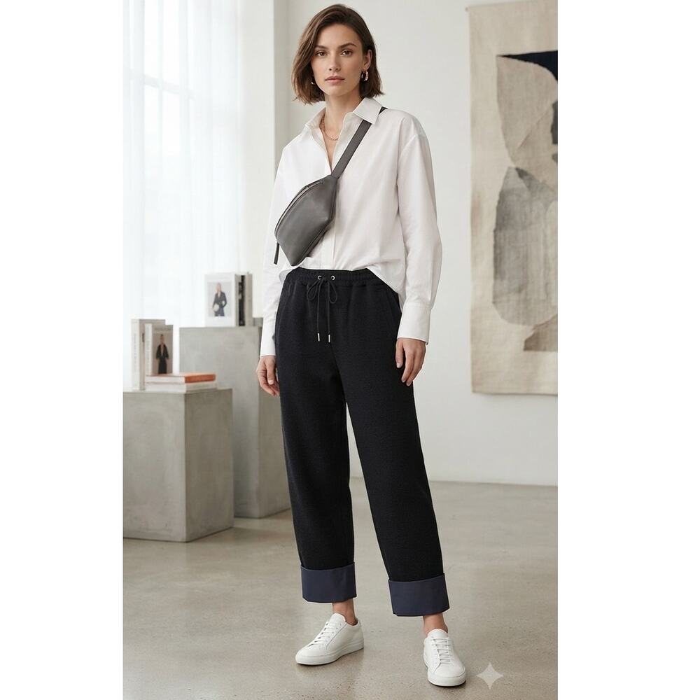 3.1 Phillip Lim Wool Blend Contrast Cuff Drawstring Pants Black Size 4
